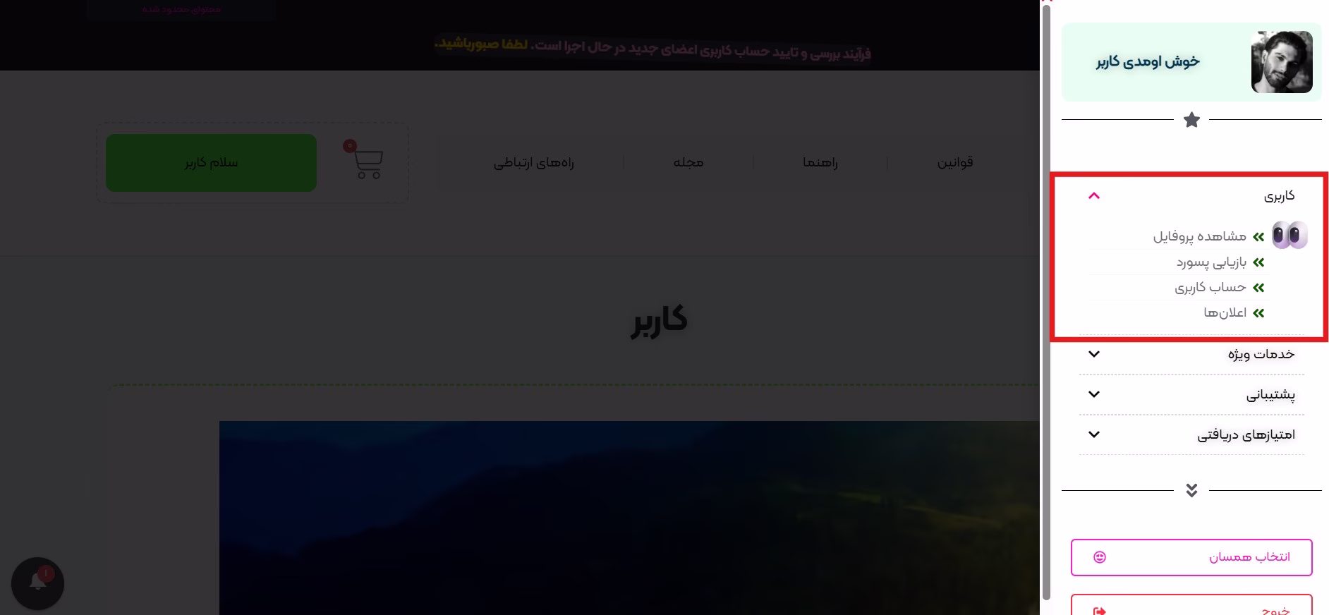 منوی سمت راست (مشاهده پروفایل پروفایل)